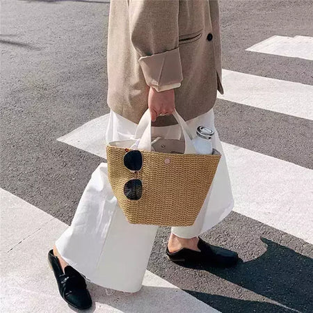 Fsafashion-bolsa de tecido palha para mulheres, bolsa casual para férias, bolsas com alça superior, bolsas de ombro retrô artesanais, moda feminina, 2024