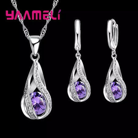 Gota de água quente cz 925 prata esterlina banhado conjunto de jóias para mulheres pingente colar brincos de argola festa de casamento ketey anel