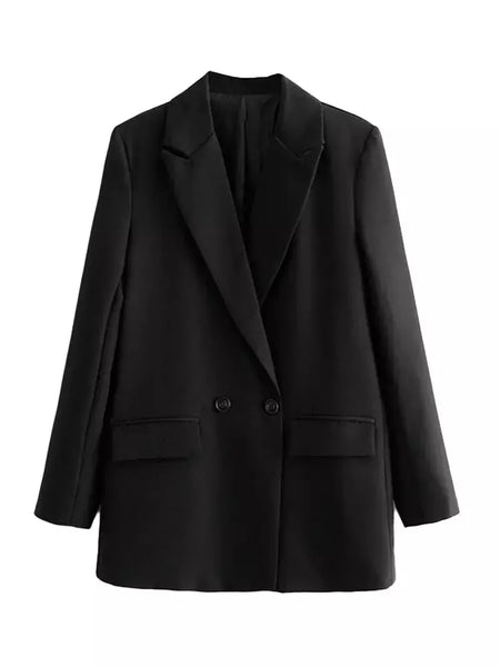 TRAF-Blazer de trespassado feminino, gola entalhada, manga comprida, chique, senhora do escritório, casaco vintage, casacos femininos, tops elegantes, moda