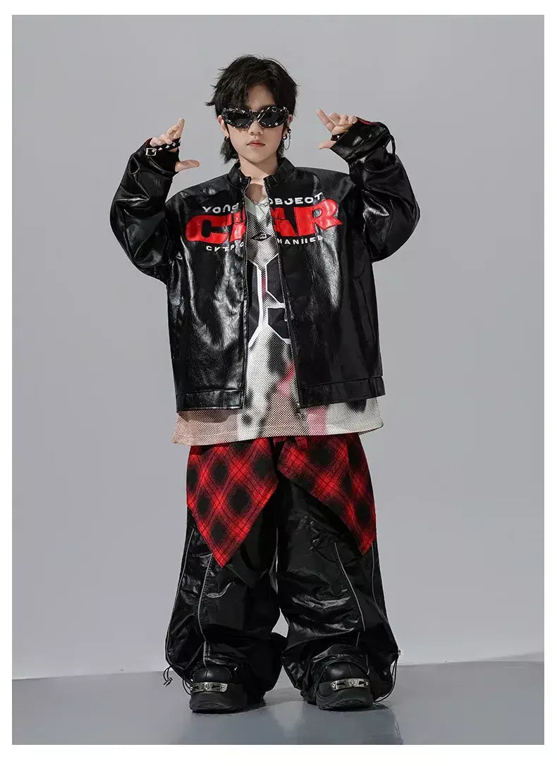 Meninos hio hop letras jaqueta de couro dança de rua calças de carga soltas meninas k-pop streetwear crianças conjunto de roupas jazz traje