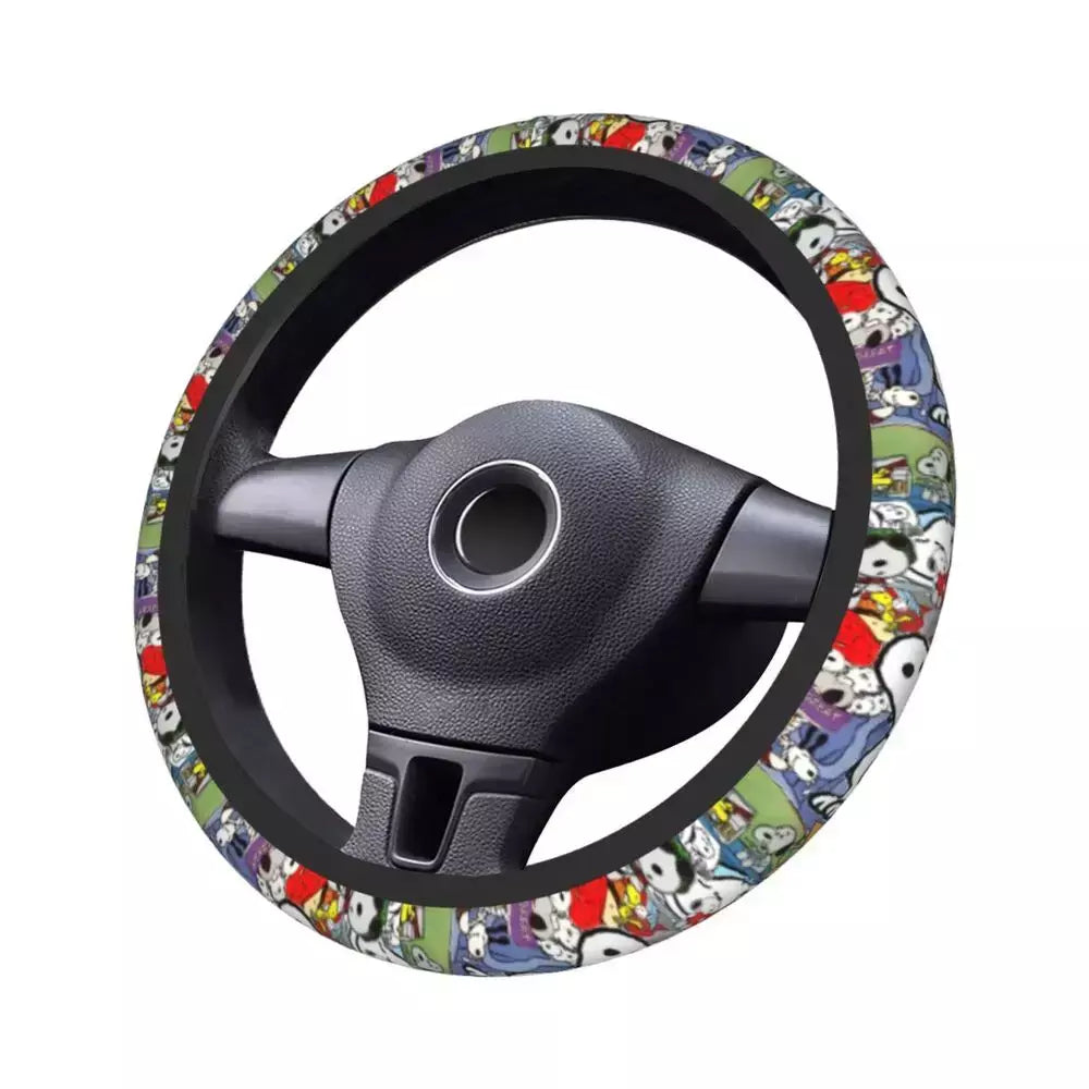 Capa de volante do carro vermelho snoopy woodstock universal trança dos desenhos animados na capa de volante estilo do carro acessórios automóveis