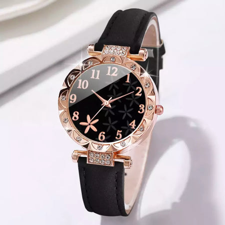 Conjunto de braceletes de coração strass feminino, relógio de pulso quartzo feminino, mostrador flor, pulseira de couro, 2 peças por conjunto