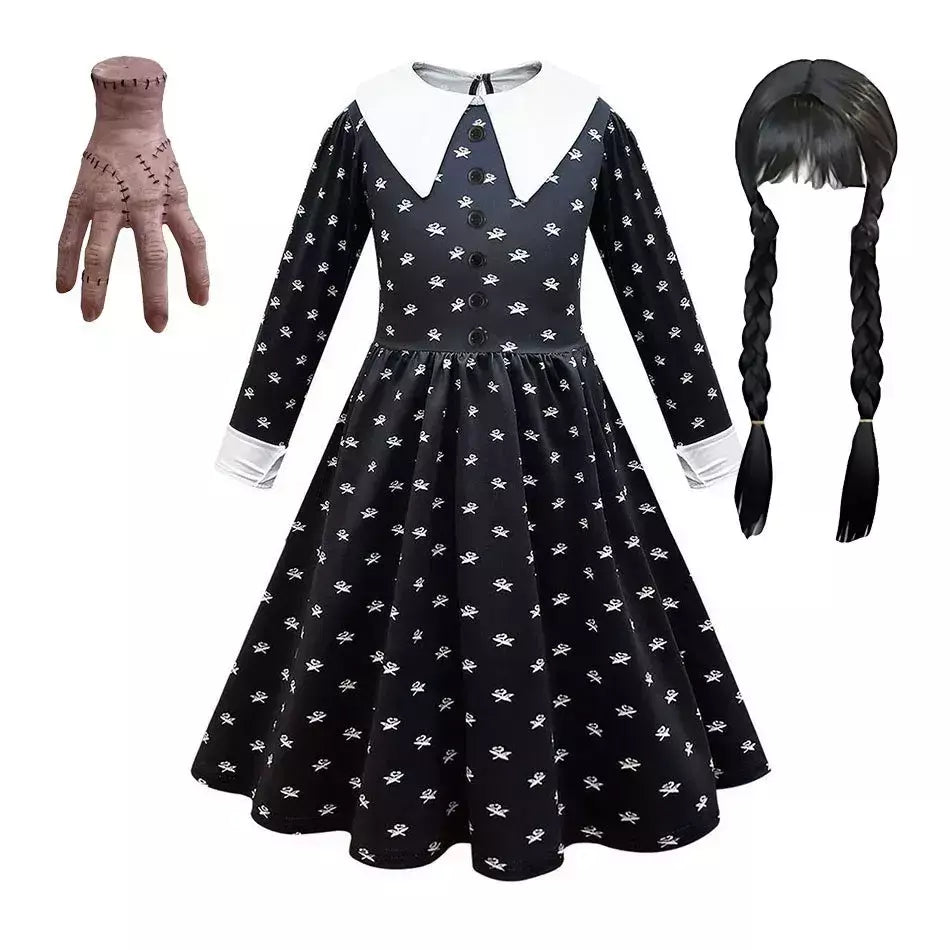 Crianças addams traje do bebê meninas família cosplay traje de halloween crianças família dança vestido preto quarta-feira pageant fantasia
