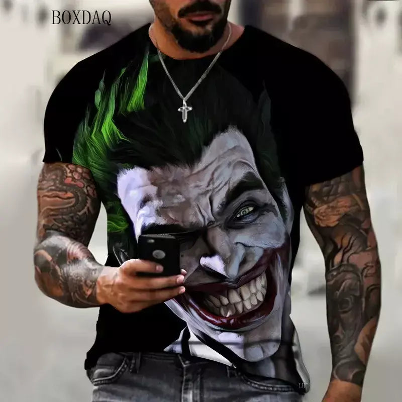 Camiseta masculina de manga curta, solta e casual, com padrão de palhaço aterrorizante, impressa em 3D, tamanho grande 6XL, verão