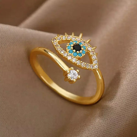 Anéis geométricos de zircônia de aço inoxidável para mulheres luxo mau olhado cor dourada ajustável na moda casamento estética jewerly presente