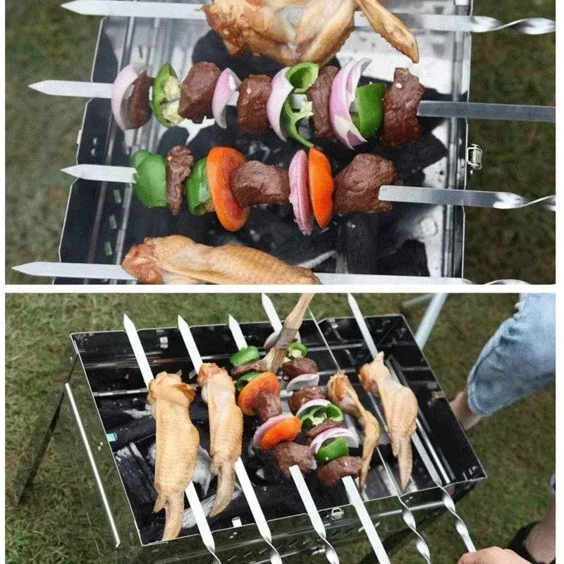 Espetos de churrasco de aço inoxidável alça longa 55cm alça de churrasco de madeira grande vara plana ao ar livre piquenique ferramentas de churrasco