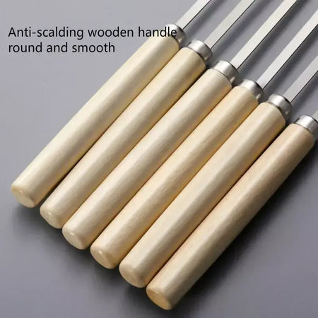 5/10 peças espetos de churrasco anti-escaldante com cabo de madeira podem ser reutilizados 304 espetos de churrasco de metal de aço inoxidável espetos largos