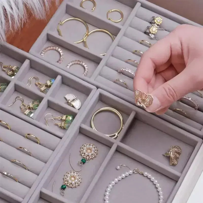 Atualizar caixa de armazenamento de jóias de veludo colar empilhável bandeja de exibição pulseira brinco organizadores diy artesanato gaveta caixa cinza