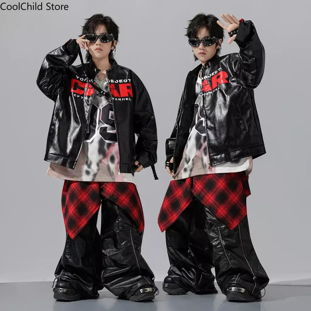 Meninos hio hop letras jaqueta de couro dança de rua calças de carga soltas meninas k-pop streetwear crianças conjunto de roupas jazz traje