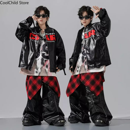 Meninos hio hop letras jaqueta de couro dança de rua calças de carga soltas meninas k-pop streetwear crianças conjunto de roupas jazz traje