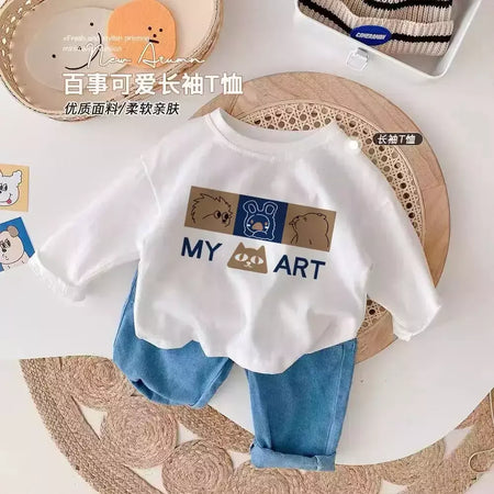 Camiseta infantil de manga comprida, algodão puro, camisa base, desenho animado estampado, primavera e outono, bebê, meninos e meninas