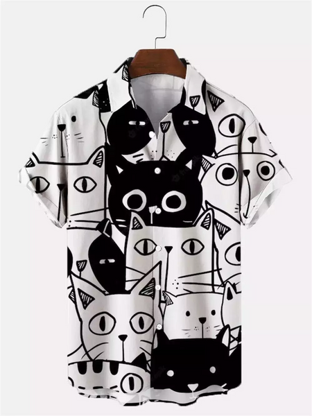 Camisa havaiana dos desenhos animados de anime masculino, Tops de manga curta, roupas casuais masculinas, rua, animais, gatos, retrô, 3D Tees, verão