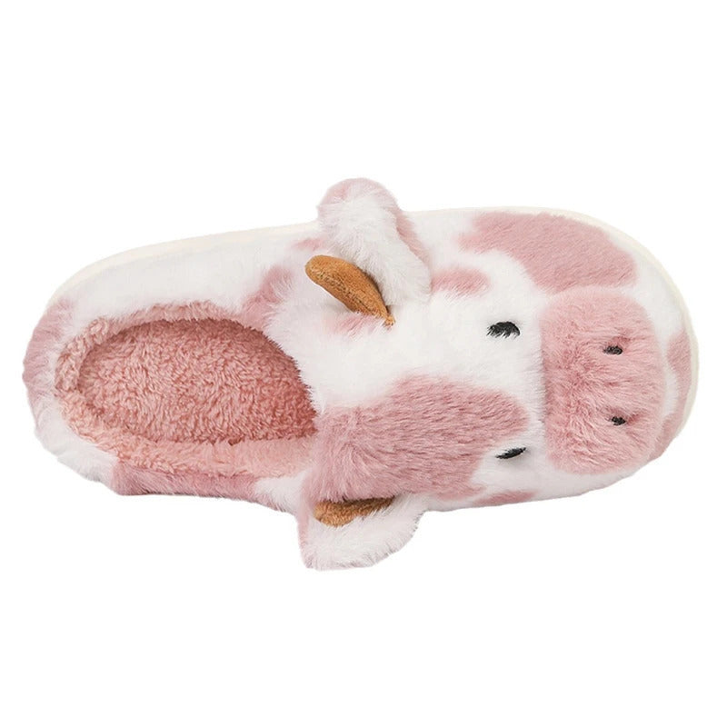 Inverno feminino quente dos desenhos animados chinelos de vaca dedo do pé fechado antiderrapante peludo casa sapatos feminino quarto interior sola grossa chinelos de pelúcia