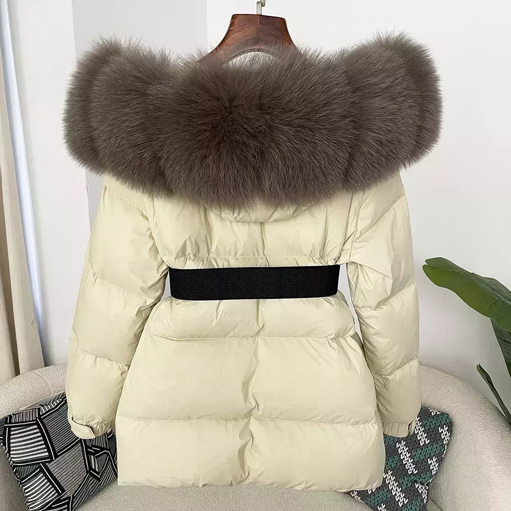 Oftbuy 2024 jaqueta de inverno feminina gola de pele de raposa natural real com capuz grosso quente 90% pato branco para baixo casaco feminino streetwear casual