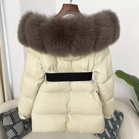 Oftbuy 2024 jaqueta de inverno feminina gola de pele de raposa natural real com capuz grosso quente 90% pato branco para baixo casaco feminino streetwear casual