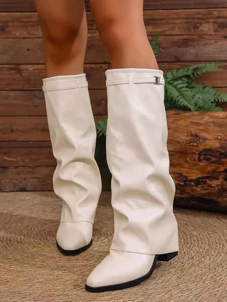 Moda plissada bota de salto alto outono novo tamanho grande estilo britânico calças de tubo alto bota feminina transfronteiriça lindamente