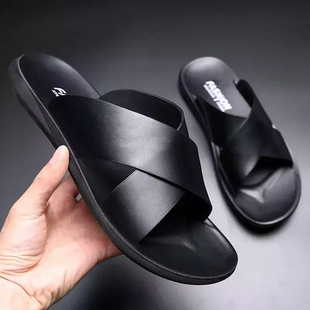 Sandálias para homens chinelos de couro genuíno marca de luxo moda masculina apartamentos casuais antiderrapantes praia sandalia zapatos hombre 2024