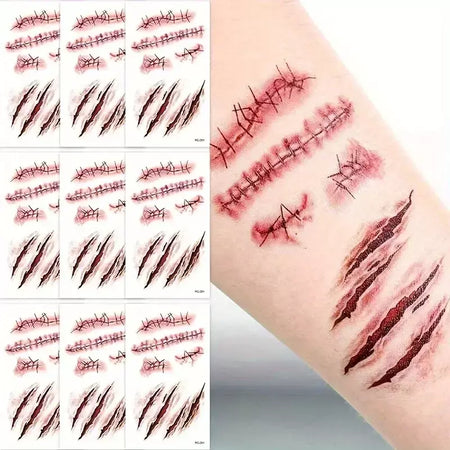 5/10/20 pçs halloween cicatriz tatuagem temporária adesivos 3d falso cicatriz tatuagens adesivo vermelho sangue coágulo rosto tatuagem à prova dwaterproof água cosplay g