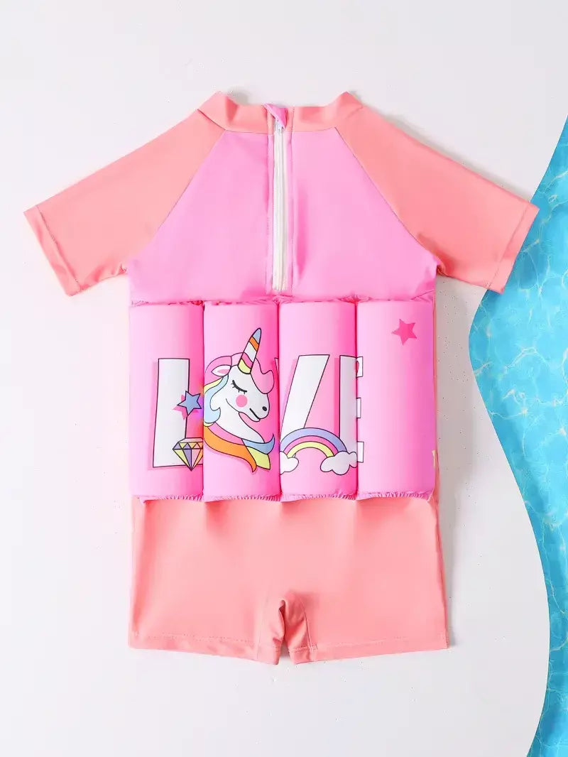 Maiô flutuante para crianças, roupa de banho de uma peça para crianças, flutuante, proteção contra queimaduras, estampa de desenho animado, meninas, meninos, roupas de natação
