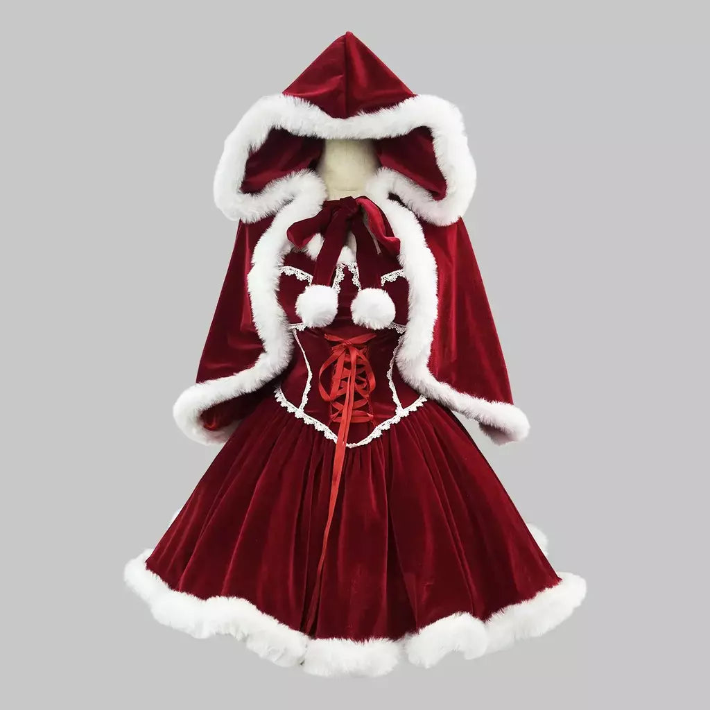 Ano novo vestido vermelho manto cosplay plus size roupas de natal capa feminina role play outfit conjunto completo quente traje de férias meninas