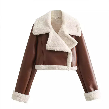 Jaqueta vintage de zíper frontal feminina, gola lapela, mangas compridas, roupas chiques femininas, monocromáticas, moda senhora