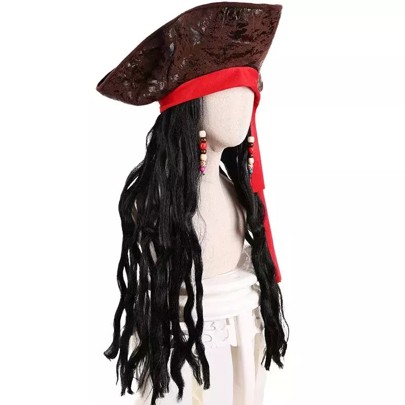 Adulto masculino caribe pirata chapéu peruca halloween palco desempenho pirata capitão traje peruca acessórios de festa jack sparrow peruca