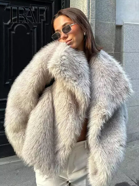 TRAF-Jaqueta feminina de tecido de lantejoulas de metal, casaco solto, gola alta, manga comprida, outerwear feminino chique, outono, inverno, 2023