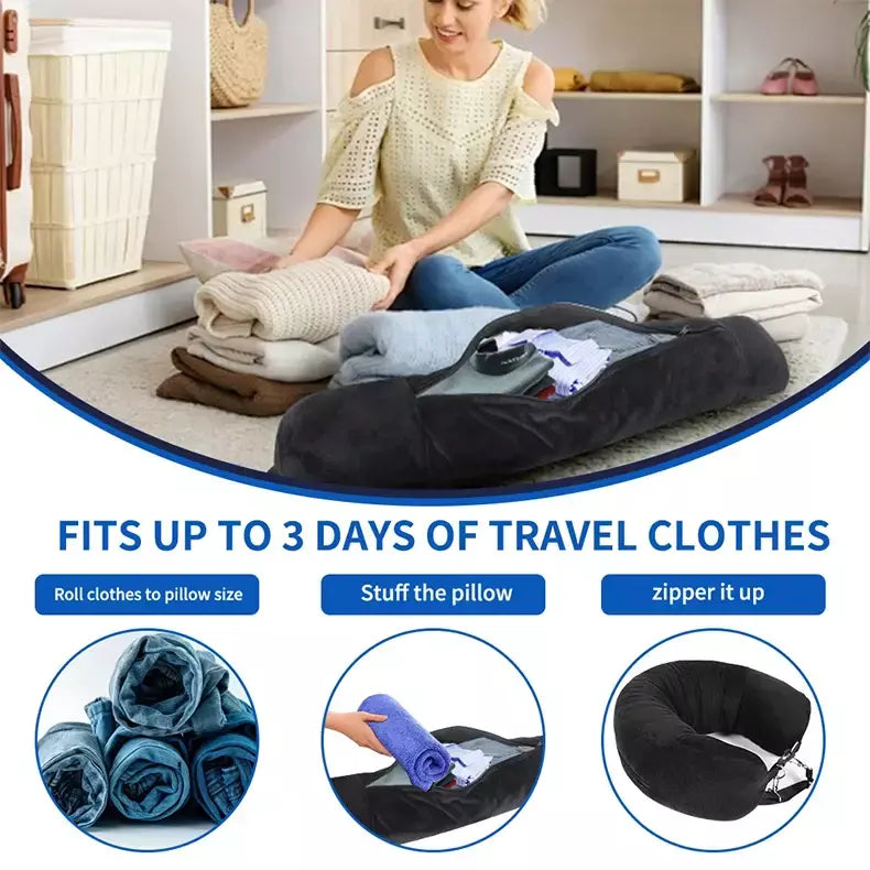 Travesseiro de pescoço para viagem com roupas preenchíveis, fronha em formato de u, capa de veludo, bolsa de armazenamento extra para avião, economia de espaço de viagem