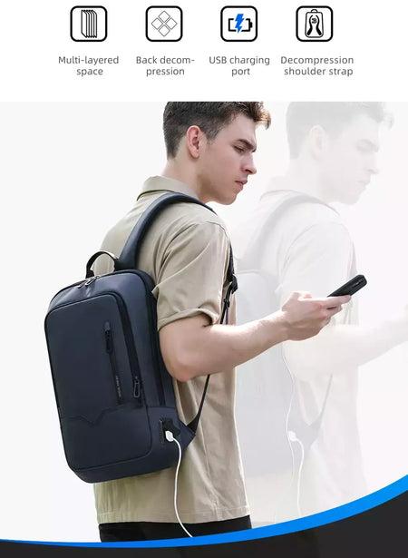 Mochila HK Slim para Homens, Sacos de Laptop, Impermeável, Minimalista, Negócios, Carregamento USB, Casual, Viagem, Trabalho, 15,6";;VERDADEIRO;;"8228-Black