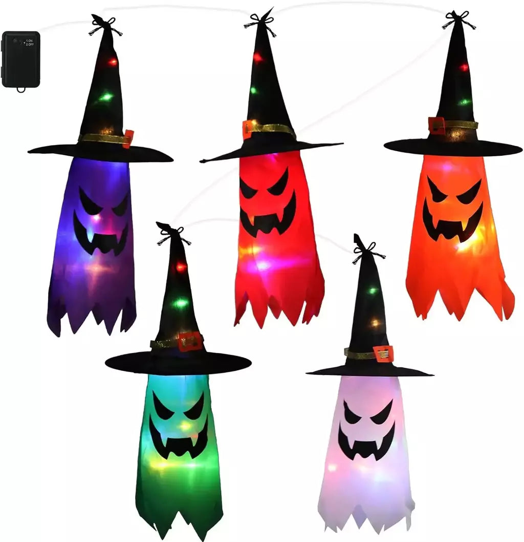 Decorações de Halloween ao ar livre 5 PCS pendurado Halloween iluminado brilhante chapéu de bruxa fantasma com luzes de corda LED para festa jardim