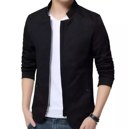Blazer casual masculino com gola de suporte, jaqueta de negócios elegante, casaco monocromático com bolsos de zíper fino e fino, primavera e outono