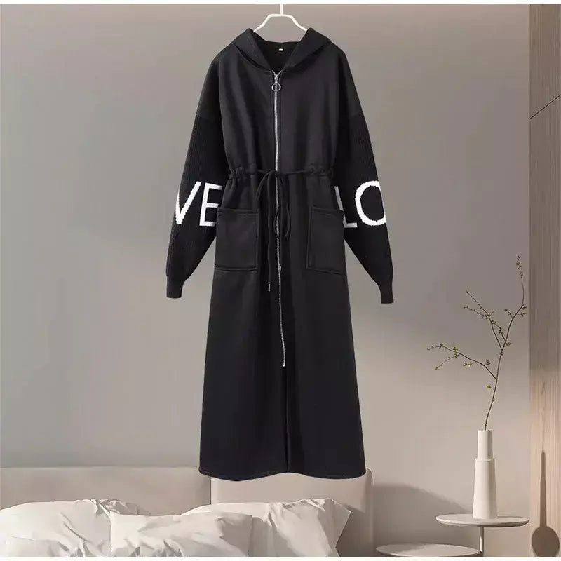 Casual longo retalhos casacos de malha feminino casual hoodies rendas até bolsos jaquetas femininas 2024 outono inverno nova senhora outerwears