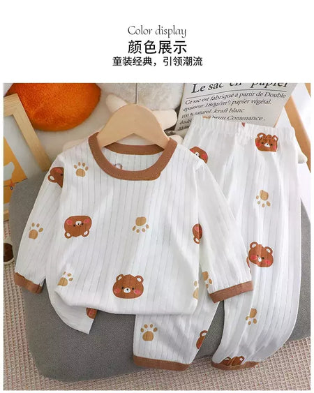 Pijama de algodão puro para meninos e meninas, camiseta fina de manga comprida, tops e calças lindos desenhos animados, conjuntos de roupas infantis, verão, novo, 2022