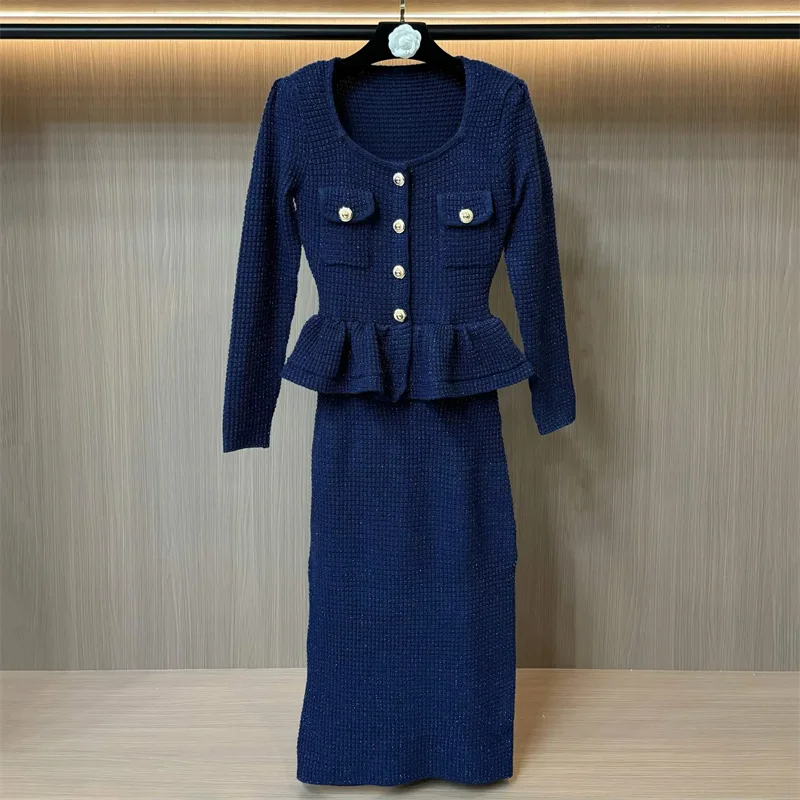 Vestido feminino 2025 primavera novo elástico de malha vestidos longos ombro almofada fino ajuste vestido de manga comprida falso vestidos de festa de duas peças