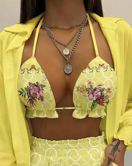 Fato de banho feminino de três peças, moda praia sexy, biquíni de cintura alta, maiô estampado, shorts para cobrir, moda praia de verão, novo 2024