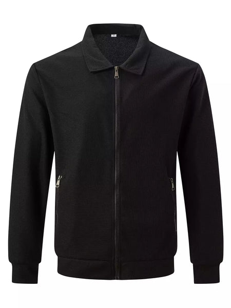Jaqueta waffle de manga comprida masculina, monocromática, com zíper, bolso, cardigã lapela, gola polo casual, outdoor wear, primavera e outono