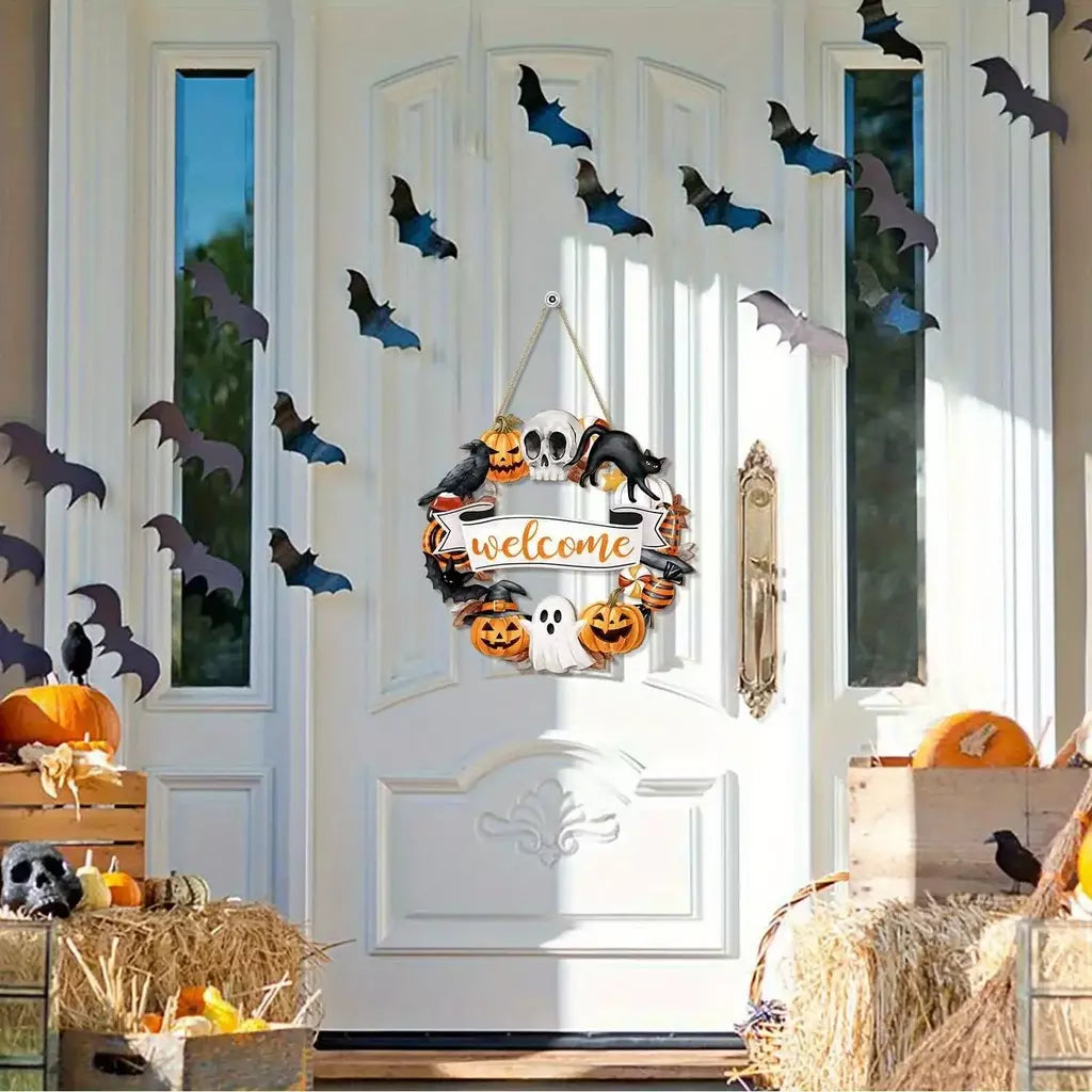 Novo sinal decorativo de madeira 2d de halloween com abóbora de gato preto e fantasma-design "bem" para pendurar na porta decoração de festival fantasma