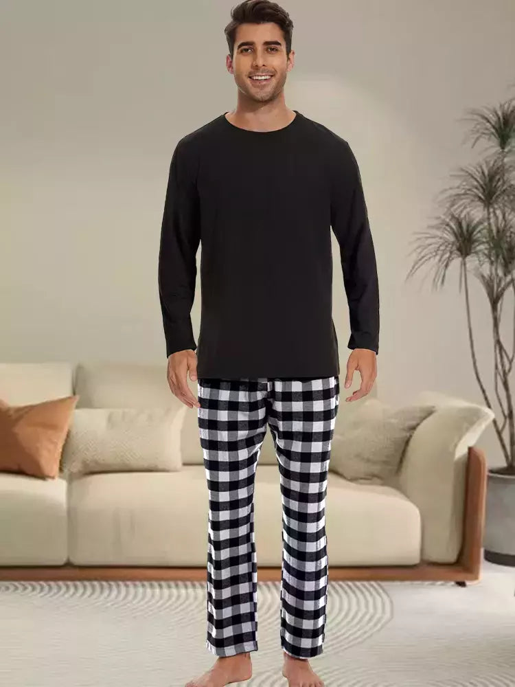Conjunto de pijama xadrez solto masculino, tops casuais, Homewear