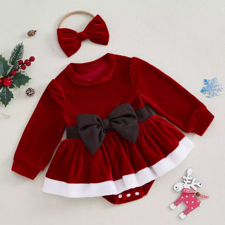 MISOWMNJOY-Romper de veludo com bowknot para bebês, vestido de festa de Natal, roupas recém-nascidas, macacão de manga comprida