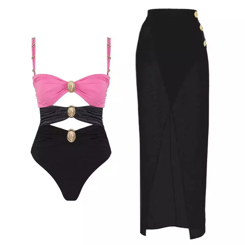 Hollowen-maiô de uma peça das mulheres com cobertura, swimwear sexy, fora do ombro trajes de banho, patchwork bathsuit, cinto bodysuit, Beachwear