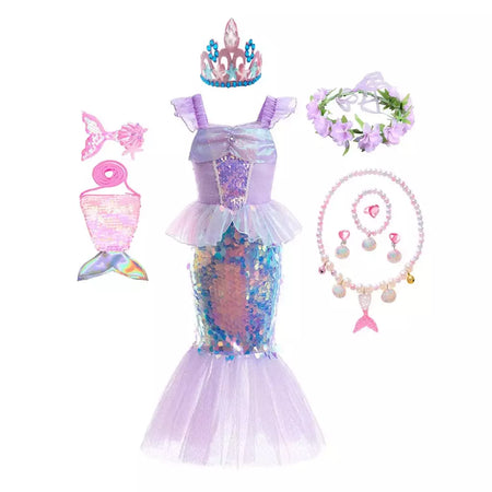 Meninas escala roxa princesa sereia ariel cosplay vestido de halloween vestido de festa de aniversário meninas verão praia vestido de férias