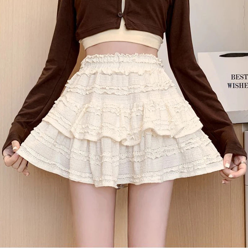 Gidyq-Mini saia de renda fofa para mulheres, babados brancos kawaii, saias plissadas, cintura alta coreana, casual preta, linha A, verão