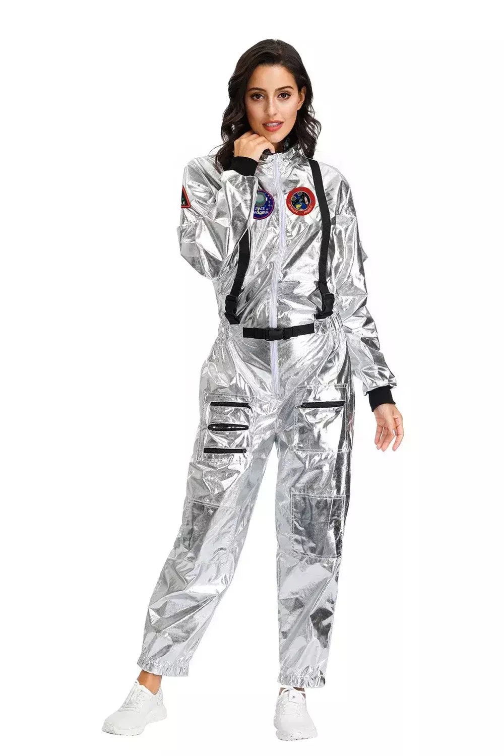 Adulto prata astronauta traje das mulheres dos homens spaceman terno espaço macacão halloween cosplay festa vestir-se
