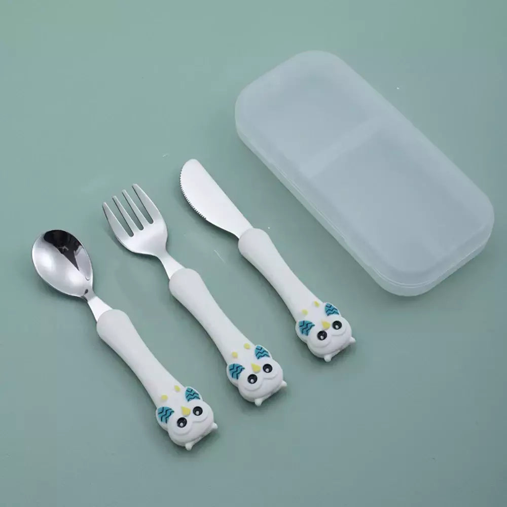 Talheres portáteis de aço inoxidável para crianças, Spoon Forks Box Utensílios de alimentação do bebê Conjunto de talheres para bebês, 3pcs