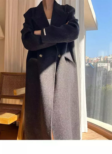 Casaco de alpaca de lã feminino, jaquetas de lã, trespassado duplo, gola de terno, solto, Casacos longos, senhora do escritório, outono, inverno, 2022