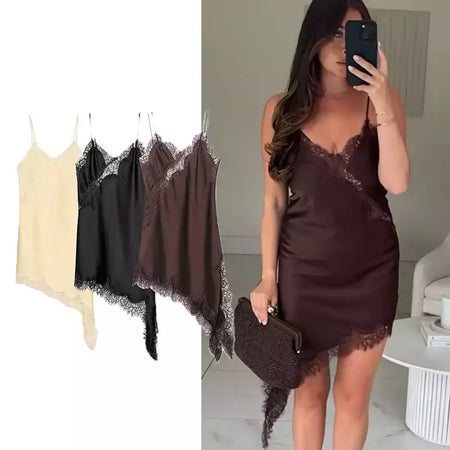 Tfmln feminino sexy rendas emenda vestidos de verão sólido sem mangas assimetria vestido sem costas magro festa feminina estilingue mini vestido