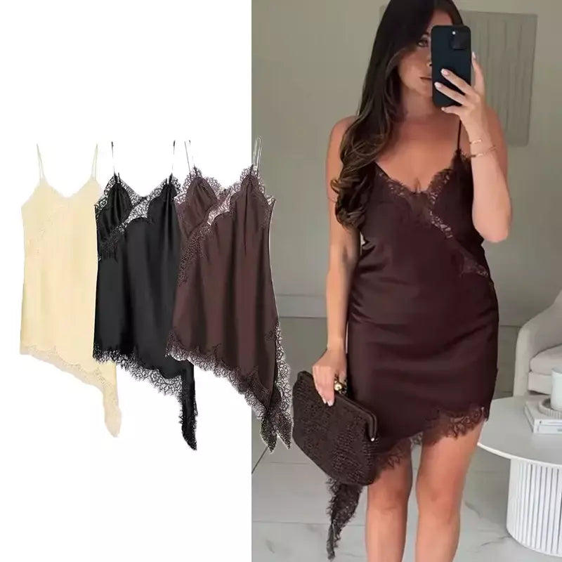 Tfmln feminino sexy rendas emenda vestidos de verão sólido sem mangas assimetria vestido sem costas magro festa feminina estilingue mini vestido