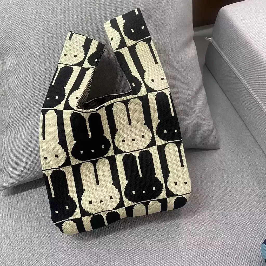 Saco de malha de nó animal para mulheres, gato coelho bonito sacola simples, bolsas de compras reutilizáveis para senhoras, moda