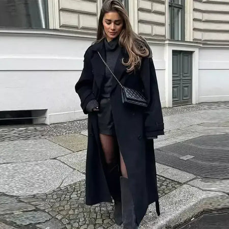 Trench coat maxi oversized feminino com lapela entalhada com cinto duplo breasted vintage streetwear 2025 tendência casual casacos diários