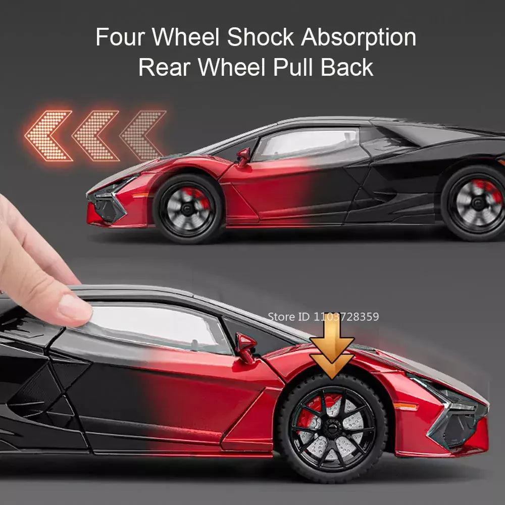 1:24 escala revuelto modelo em miniatura brinquedo carros esportivos liga diecast supercars som luz portas abertas puxar para trás para crianças presentes